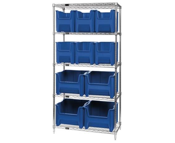 CHROME WIRE SHELVING UNITS WITH GIANT HOPPER BINS
