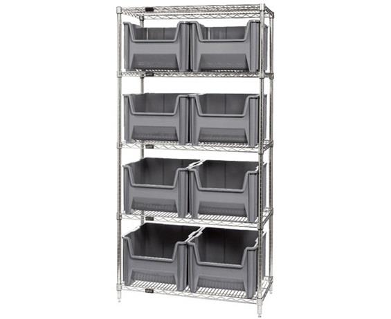 CHROME WIRE SHELVING UNITS WITH GIANT HOPPER BINS
