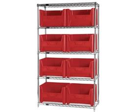 CHROME WIRE SHELVING UNITS WITH GIANT HOPPER BINS
